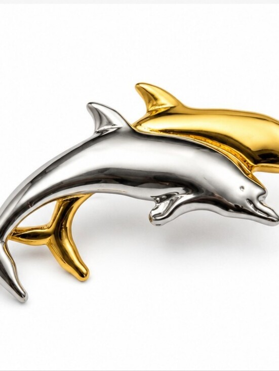 Liz Claiborne Jewelry - Vintage Liz Claiborne LCI Double Dolphin Brooch Silver Gold Tone Nautical Signed